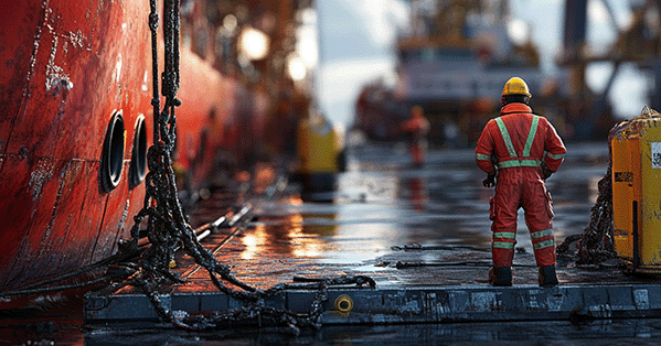 Maritime workers on a dock, symbolizing legal services in maritime law.